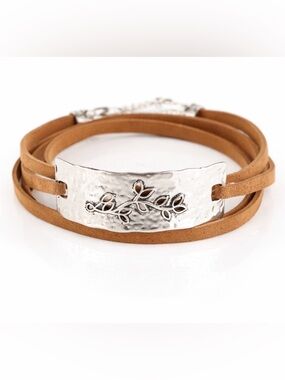 Silver Hammered Leaf Wrap Bracelet Brown Suede Double Wrap Adjustable Rustic